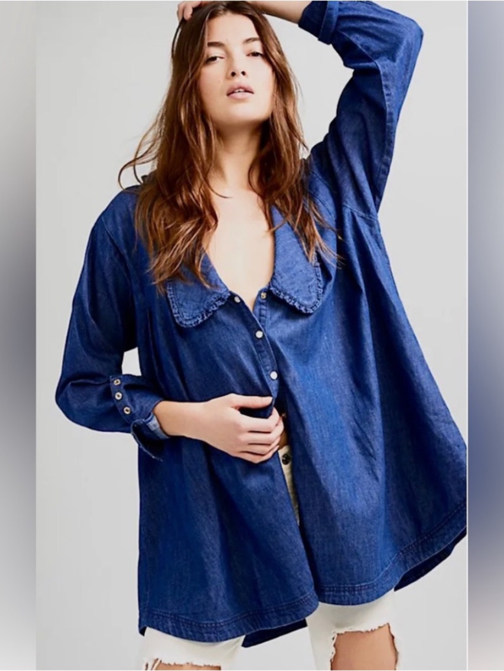 Free People Oversized Denim Button-Front Top in Deep Blue